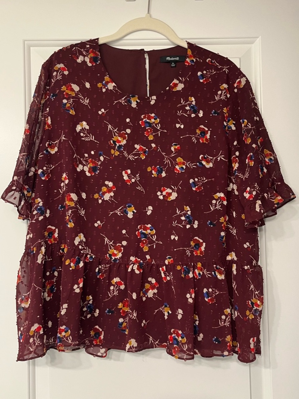 Madewell Floral Peplum Blouse XL Burgundy Sheer Boho Ruffle Top